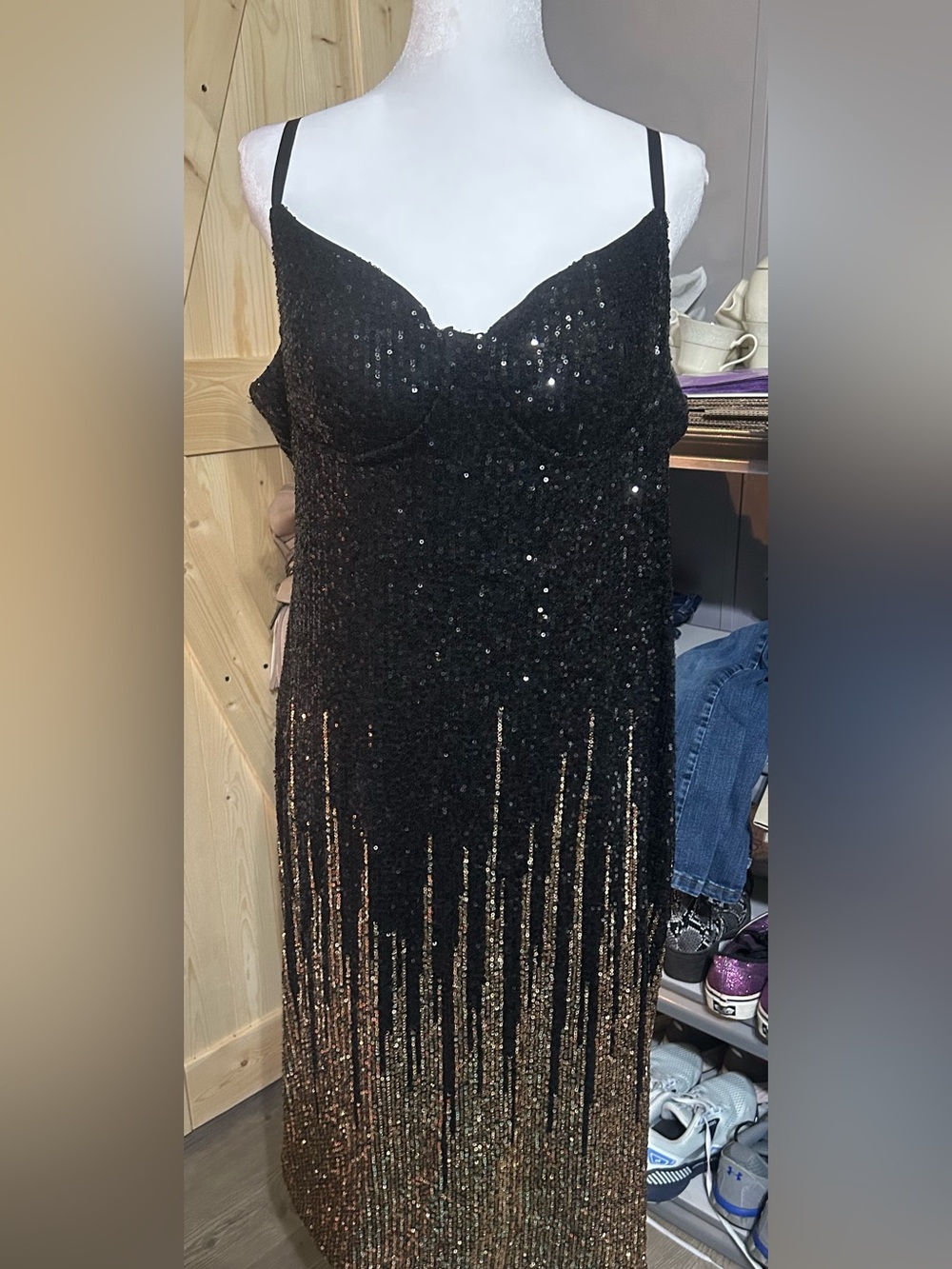 Good times Black Sequin Strapless Evening Dress with Gold Fringe Size 3 XL GLAM